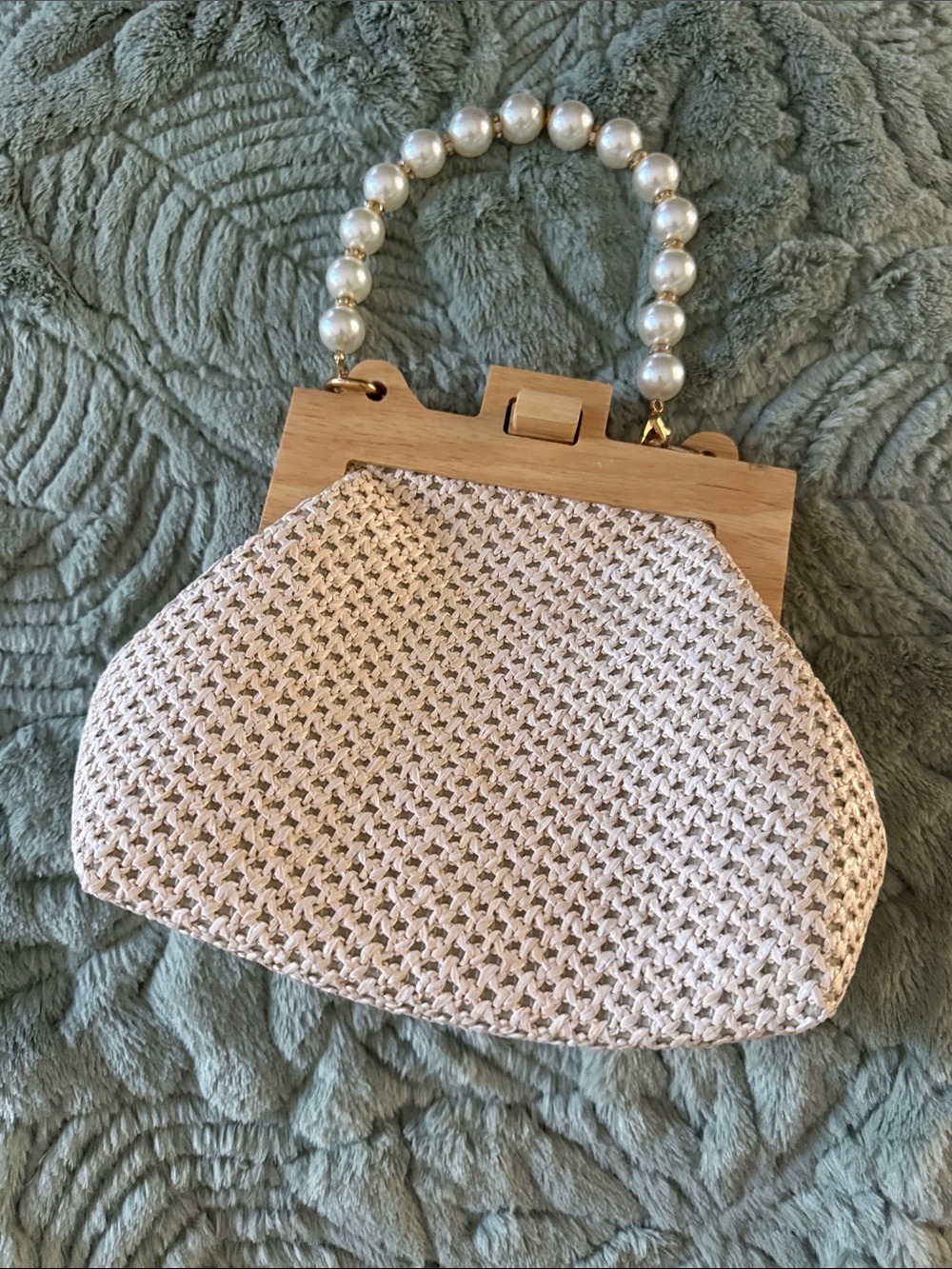 Pearl-Handle Woven Cream Evening Bag